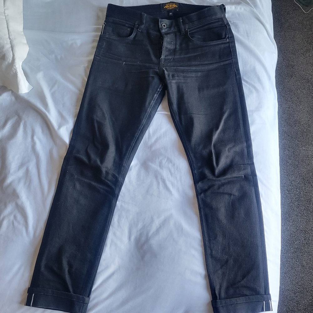 Brave Star Black Selvedge 30Wx31L Stretch Black on Black Slim Straight Jeans
